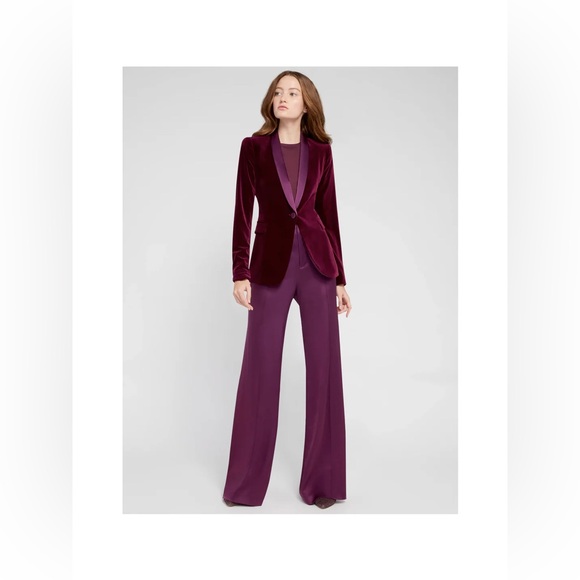 Alice + Olivia Jackets & Blazers - Alice + Olivia Macey Fitted Strong Shoulder Velvet Blazer in Merlot
